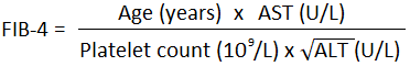FIB-4 = (Age years x AST U/L) / (platelet count 109/L x √ALT U/L)